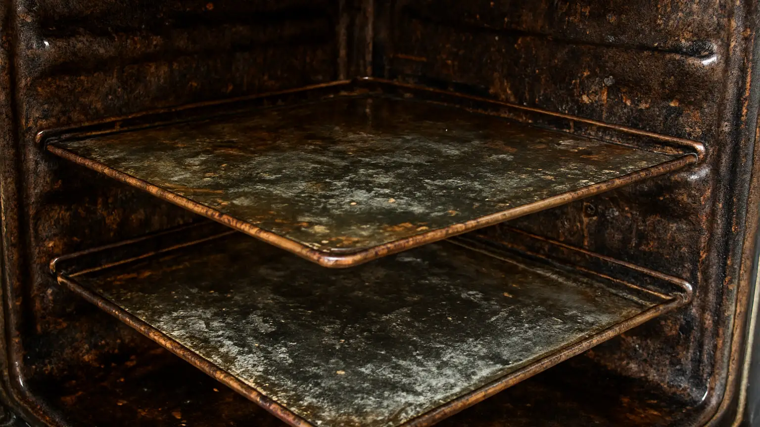 Close-up of baked-on grease and food residue inside an oven cavity, with mineral deposits visible on glass shelves and dark buildup along interior walls.