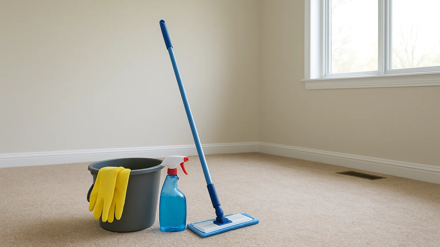 Empty bedroom with baseboards, carpet, and floor vents visible; cleaning supplies and equipment staged on the bare floor ready for use.